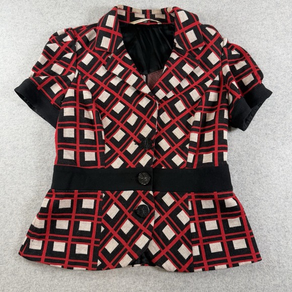 Diane von Furstenberg Sweater Knit Jacket 12 Red Black Geometric Retro Pin Up - Picture 3 of 13